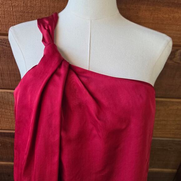 NWT Theory Women One-Shoulder Draped Viscose Silk Blouse S Red Old Money Elegant - Picture 2 of 11